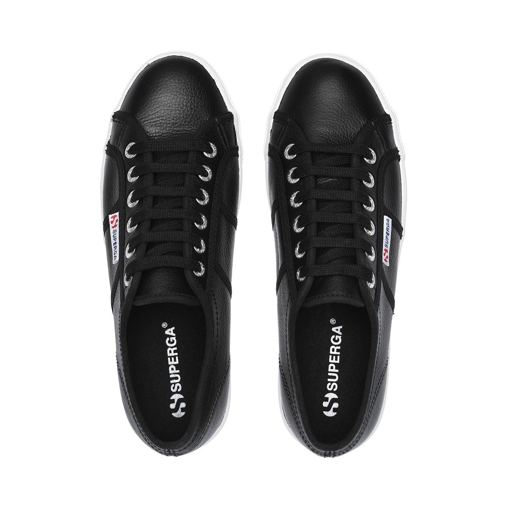 Superga 2790 Tumbled Leather Black Platform Sneakers - Women's Sneakers USA | US9276420